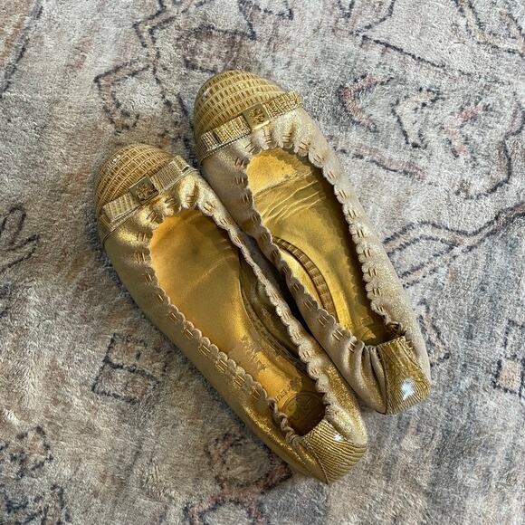 Tory Burch Romy Tan & Gold Cap Toe Leather Ballet Flats Shoes SZ 7.5 Classic EUC - Picture 4 of 11